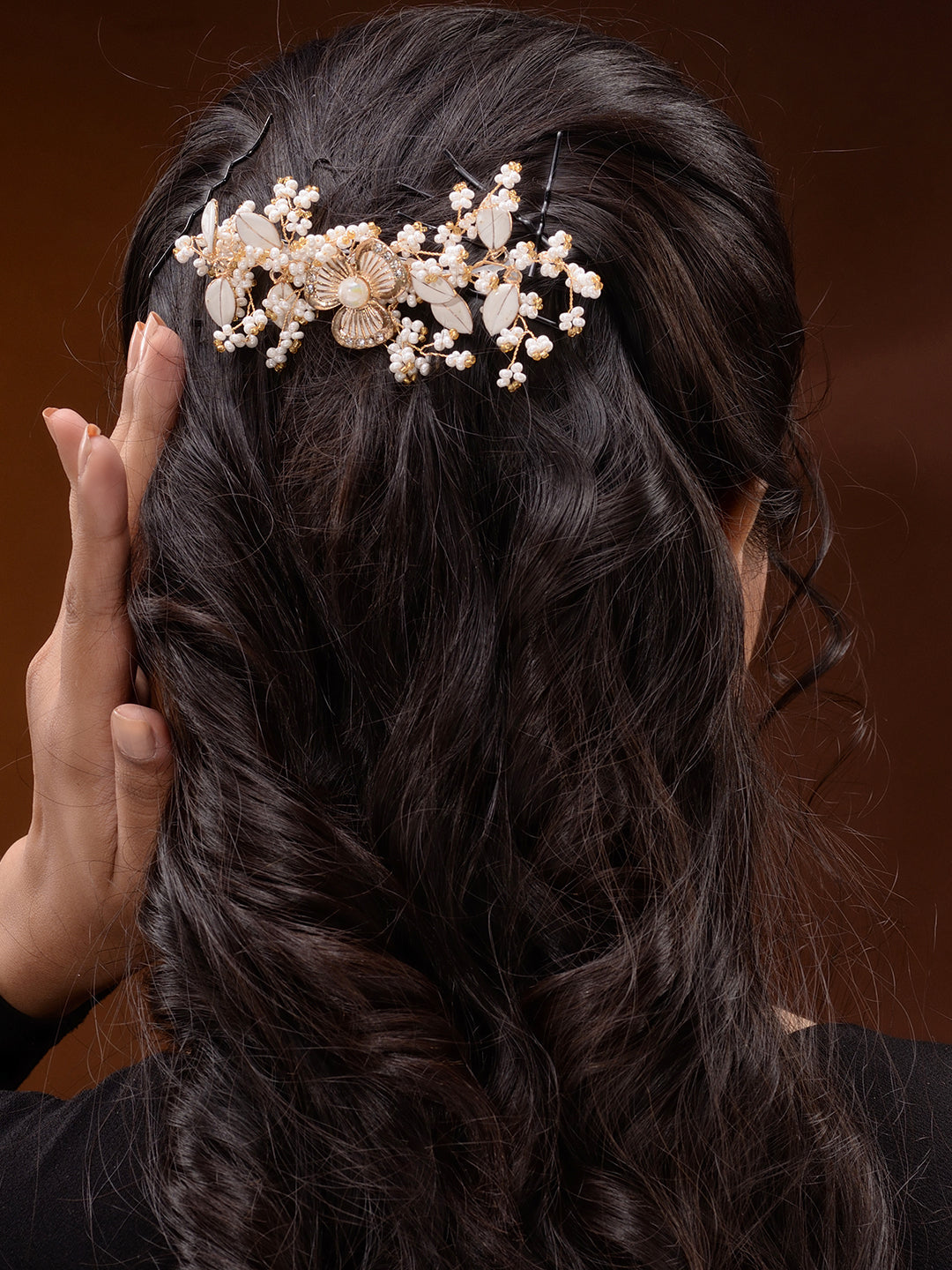 White & Gold Toned Enamelled Pearl Beaded Bridal Comb Pin, zaveri pearls, sale price rs, sale price, sale gold plated, sale gold, sale, rubans, ring, regular price, priyassi jewellery, kushal